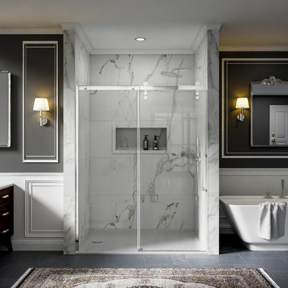 56-60" x 76" Frameless Chrome Glass Sliding Shower Door with Fixed Glass Left | ExBrite Elysian-R Series, Easy Clean