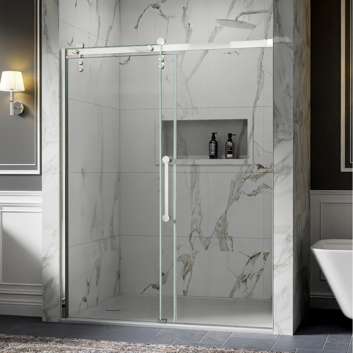56-60" x 76" Frameless Chrome Glass Sliding Shower Door with Fixed Glass Left | ExBrite Elysian-R Series, Easy Clean
