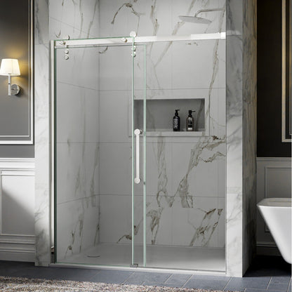 56-60" x 76" Frameless Chrome Glass Sliding Shower Door with Fixed Glass Left | ExBrite Elysian-R Series, Easy Clean