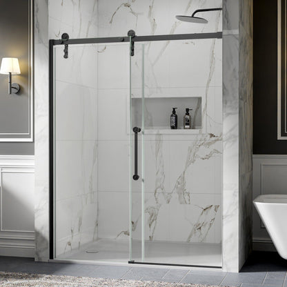 56-60" x 76" Frameless Matte Black Bathroom Shower Sliding Door, Easy Clean, Fixed Glass Left | ExBrite Elysian-S Series