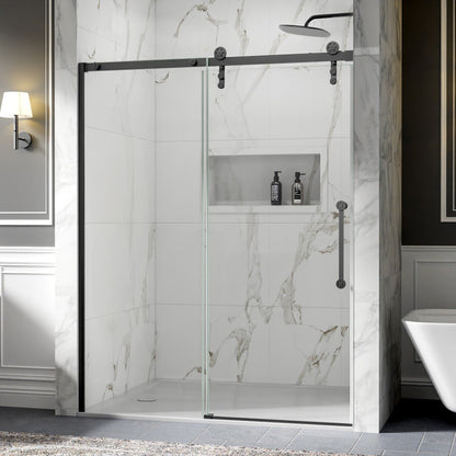 56-60" x 76" Frameless Matte Black Bathroom Shower Sliding Door, Easy Clean, Fixed Glass Left | ExBrite Elysian-S Series