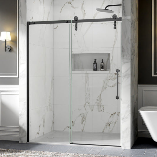 56-60" x 76" Frameless Matte Black Bathroom Shower Sliding Door, Easy Clean, Fixed Glass Left | ExBrite Elysian-S Series