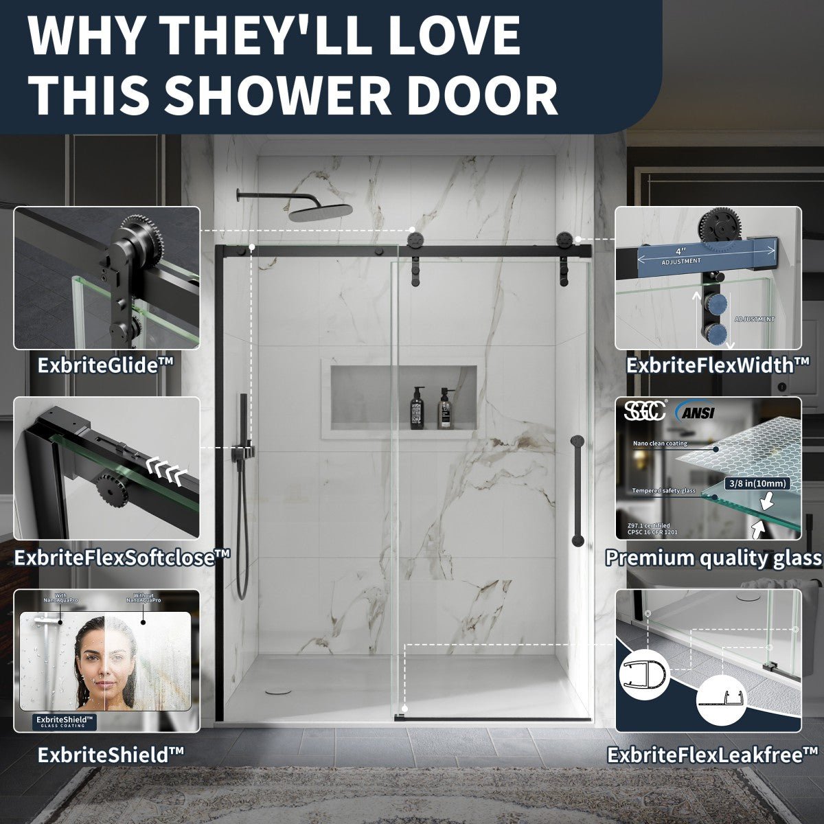 56-60" x 76" Frameless Matte Black Bathroom Shower Sliding Door, Easy Clean, Fixed Glass Left | ExBrite Elysian-S Series