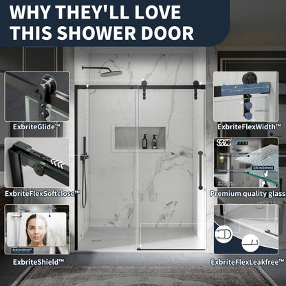 56-60" x 76" Frameless Matte Black Bathroom Shower Sliding Door, Easy Clean, Fixed Glass Left | ExBrite Elysian-S Series