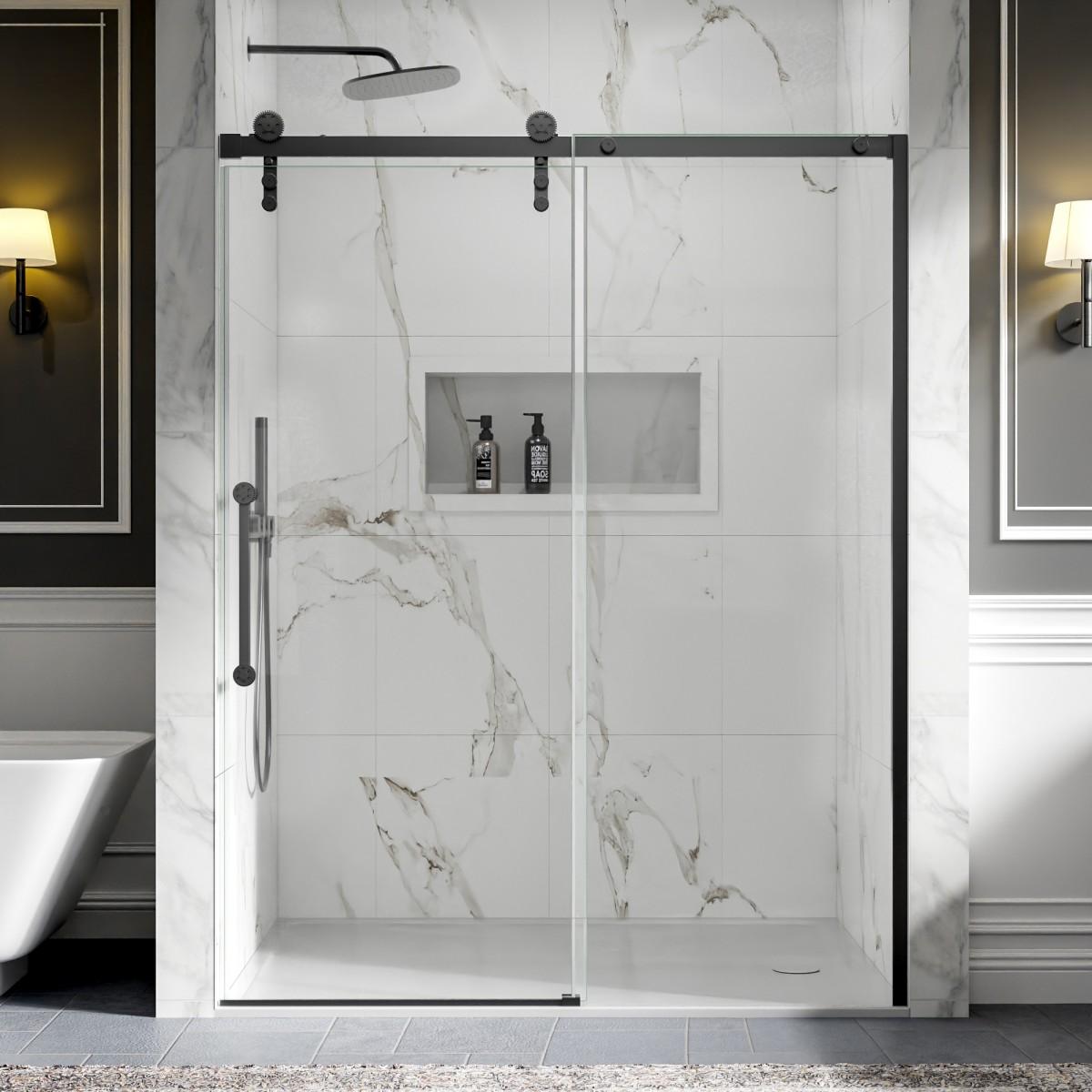 56-60" x 76" Frameless Matte Black Bathroom Shower Sliding Door, Easy Clean, Fixed Glass Left | ExBrite Elysian-S Series