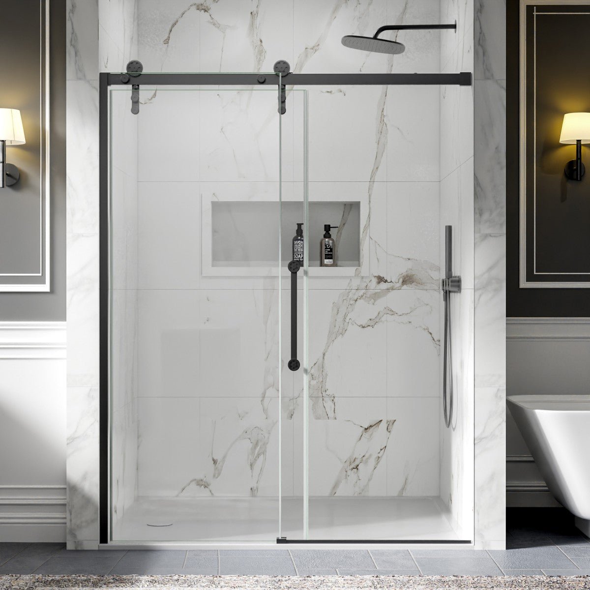 56-60" x 76" Frameless Matte Black Bathroom Shower Sliding Door, Easy Clean, Fixed Glass Left | ExBrite Elysian-S Series