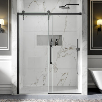 56-60" x 76" Frameless Matte Black Bathroom Shower Sliding Door, Easy Clean, Fixed Glass Left | ExBrite Elysian-S Series