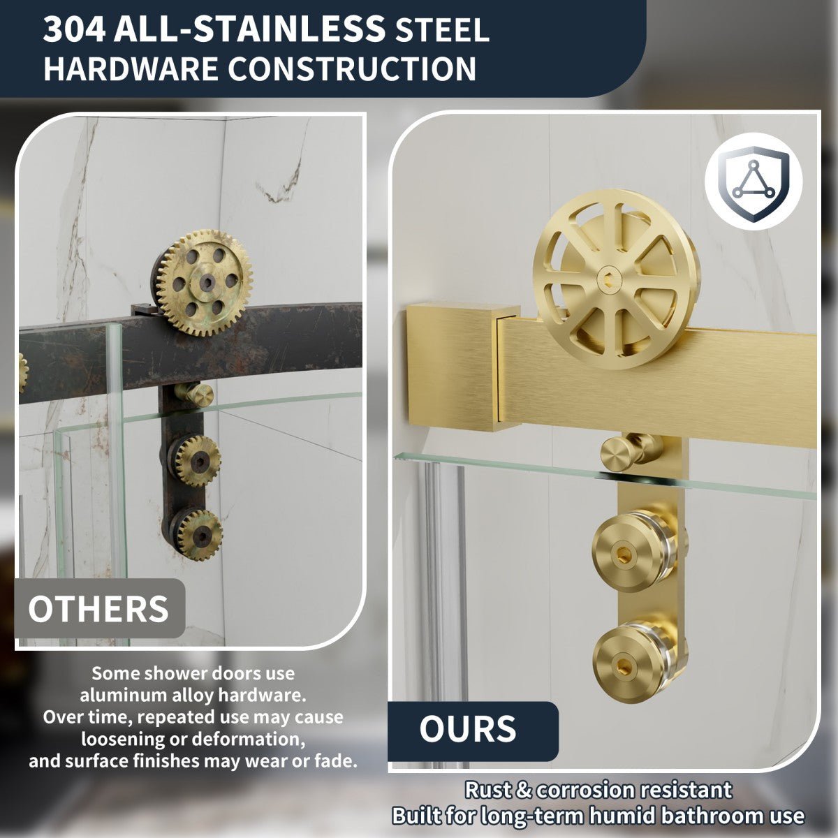 56-60" x 76" Frameless Sliding Barn Door Shower, Brushed Gold, Easy Clean, Fixed Glass Left | ExBrite Elysian-F Series