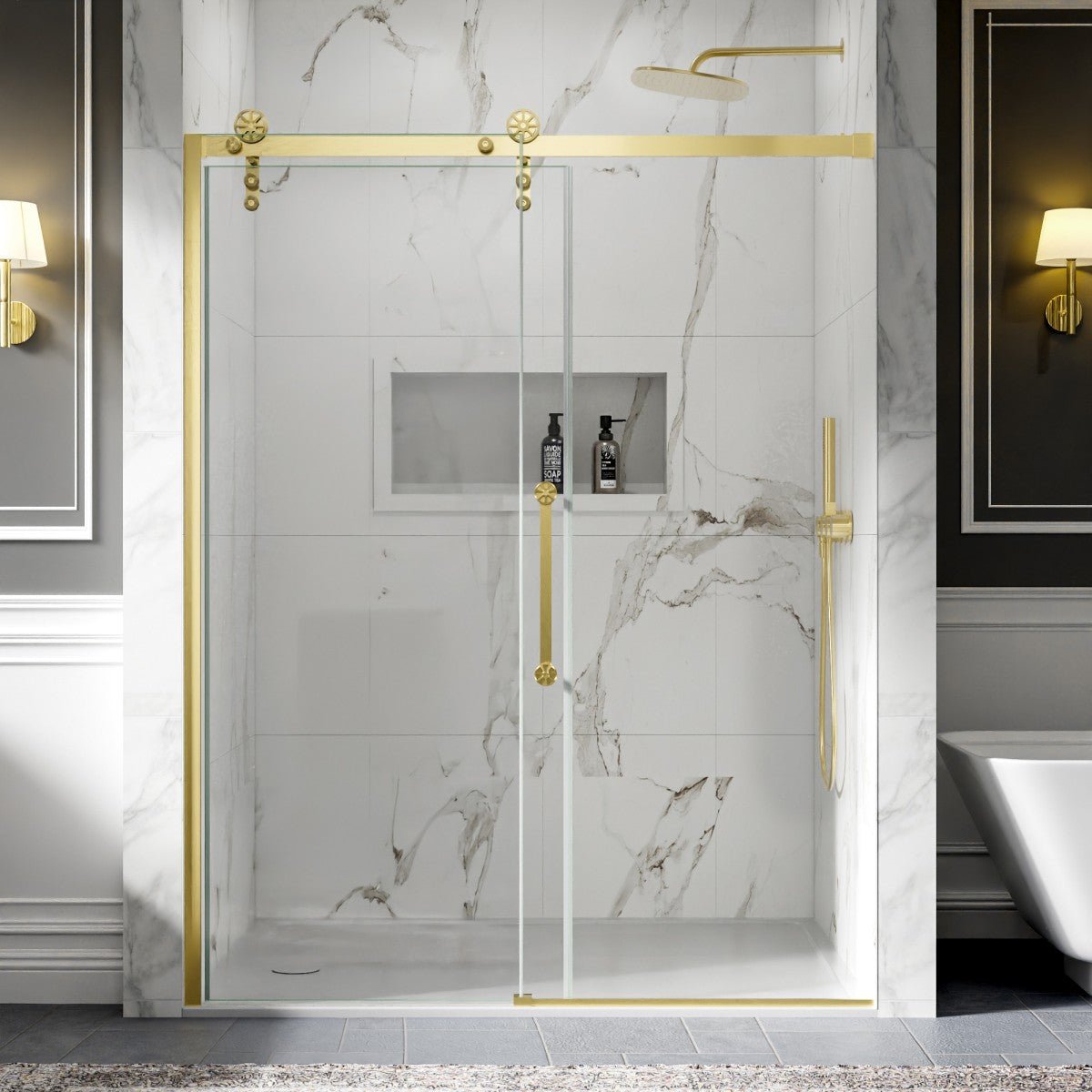 56-60" x 76" Frameless Sliding Barn Door Shower, Brushed Gold, Easy Clean, Fixed Glass Left | ExBrite Elysian-F Series