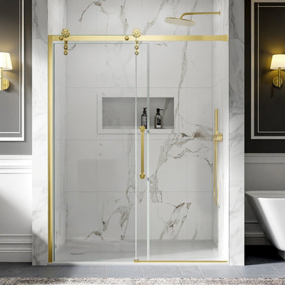 56-60" x 76" Frameless Sliding Barn Door Shower, Brushed Gold, Easy Clean, Fixed Glass Left | ExBrite Elysian-F Series