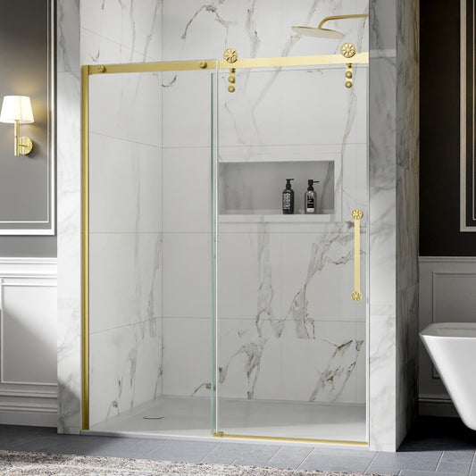 56-60" x 76" Frameless Sliding Barn Door Shower, Brushed Gold, Easy Clean, Fixed Glass Left | ExBrite Elysian-F Series
