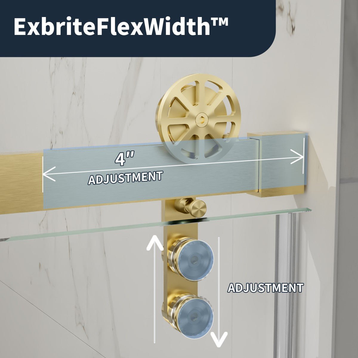 56-60" x 76" Frameless Sliding Barn Door Shower, Brushed Gold, Easy Clean, Fixed Glass Left | ExBrite Elysian-F Series