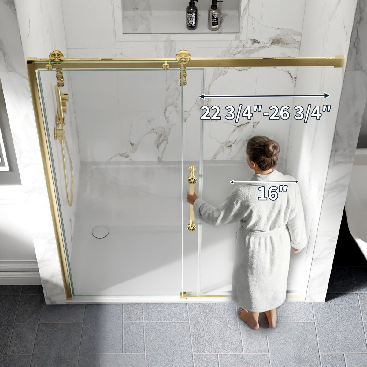 56-60" x 76" Frameless Sliding Barn Door Shower, Brushed Gold, Easy Clean, Fixed Glass Left | ExBrite Elysian-F Series