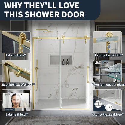 56-60" x 76" Frameless Sliding Barn Door Shower, Brushed Gold, Easy Clean, Fixed Glass Left | ExBrite Elysian-F Series