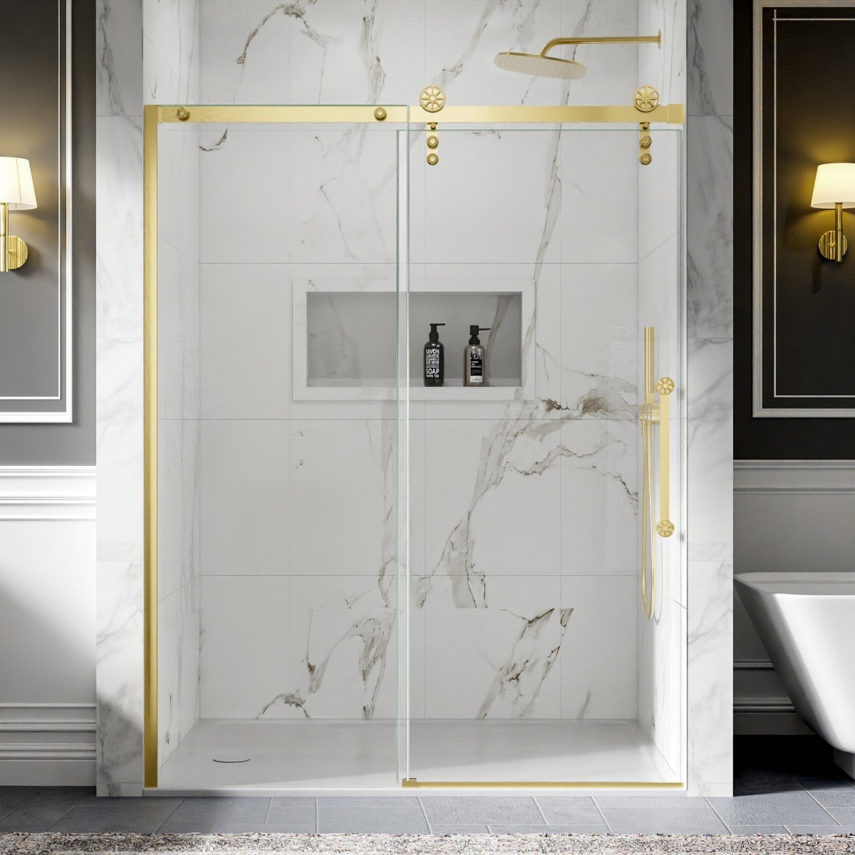 56-60" x 76" Frameless Sliding Barn Door Shower, Brushed Gold, Easy Clean, Fixed Glass Left | ExBrite Elysian-F Series