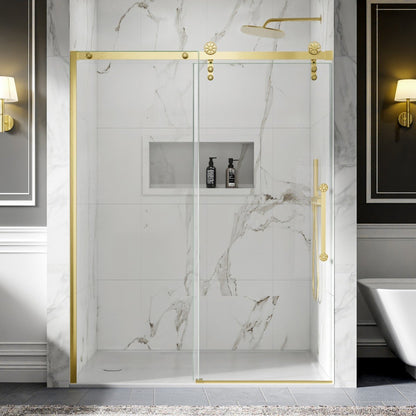 56-60" x 76" Frameless Sliding Barn Door Shower, Brushed Gold, Easy Clean, Fixed Glass Left | ExBrite Elysian-F Series