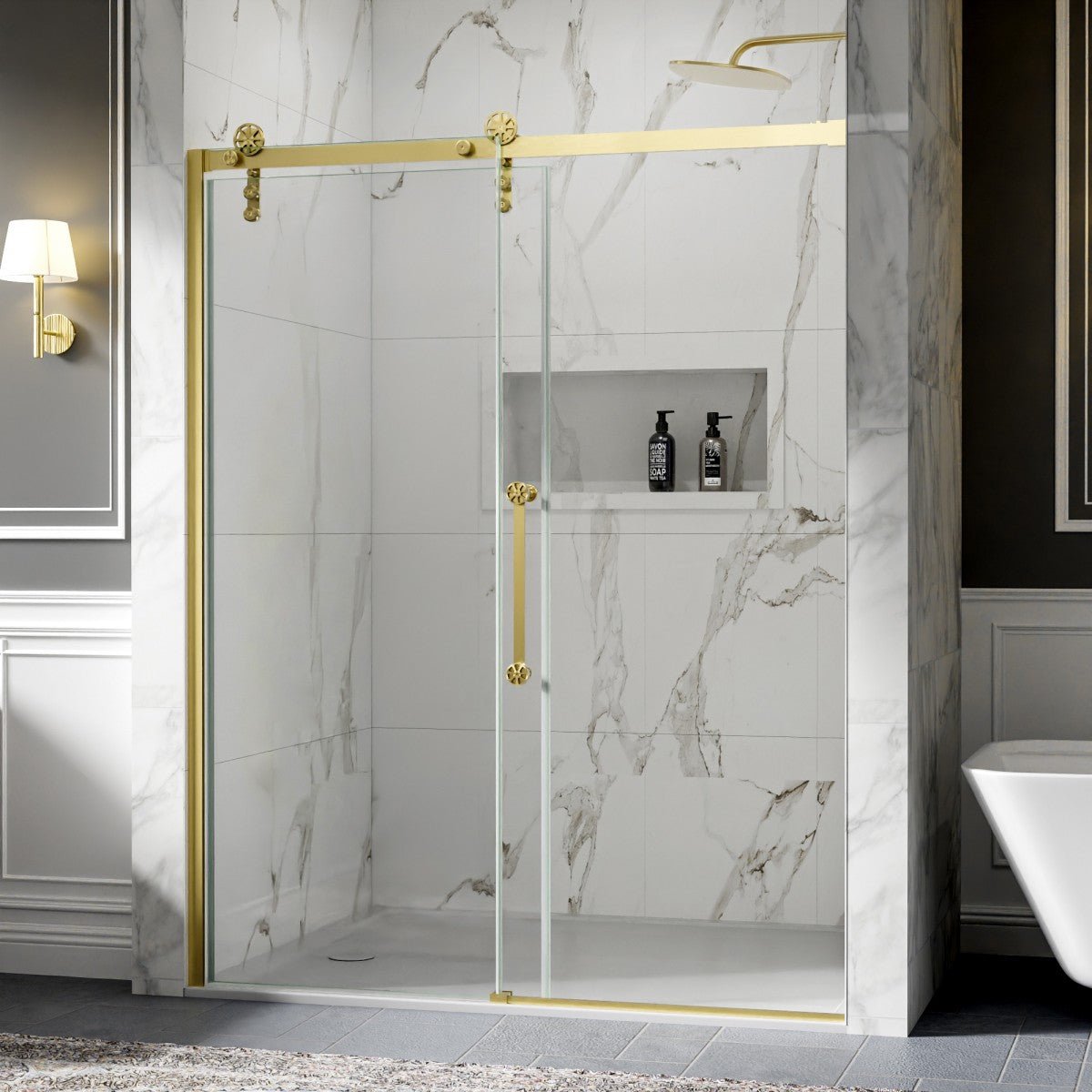 56-60" x 76" Frameless Sliding Barn Door Shower, Brushed Gold, Easy Clean, Fixed Glass Left | ExBrite Elysian-F Series