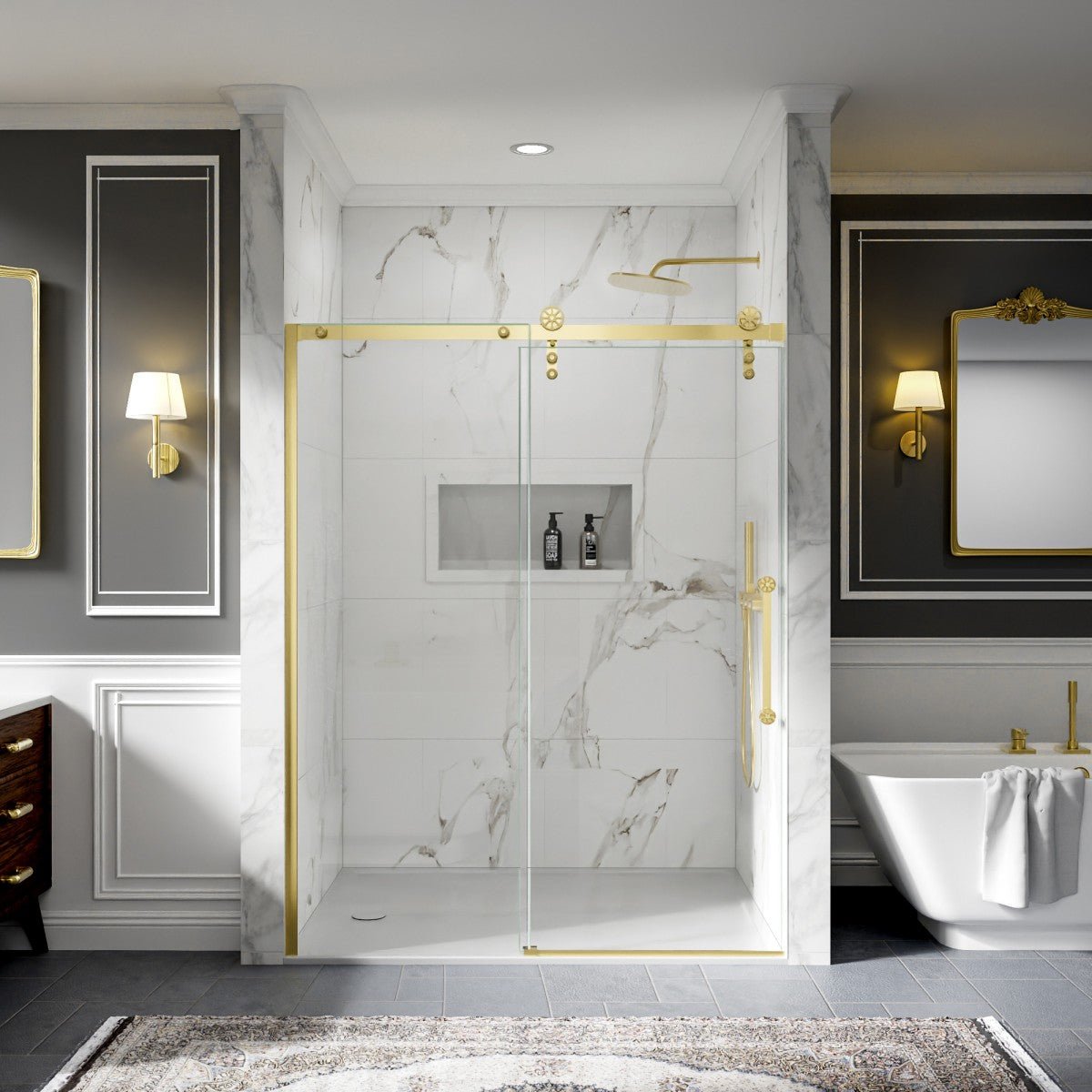56-60" x 76" Frameless Sliding Barn Door Shower, Brushed Gold, Easy Clean, Fixed Glass Left | ExBrite Elysian-F Series