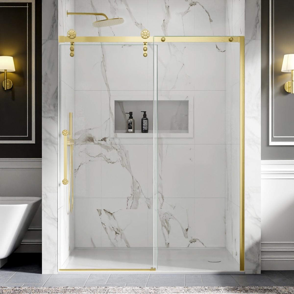 56-60" x 76" Frameless Sliding Barn Door Shower, Brushed Gold, Easy Clean, Fixed Glass Left | ExBrite Elysian-F Series