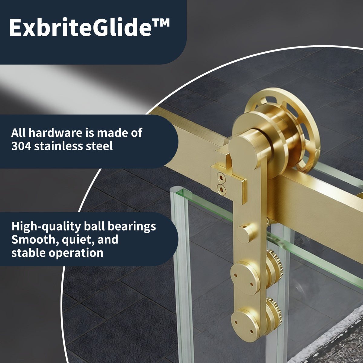 56-60" x 76" Frameless Sliding Barn Door Shower, Brushed Gold, Easy Clean, Fixed Glass Left | ExBrite Elysian-F Series