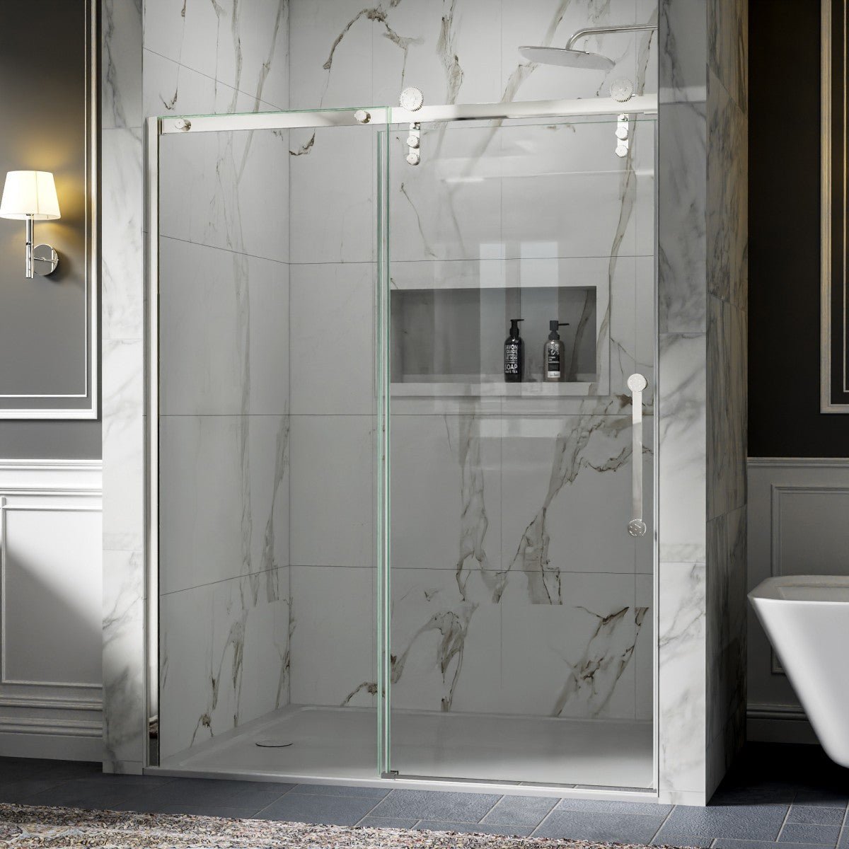 56-60" x 76" Frameless Sliding Shower Door Chrome - Easy Clean Fixed Glass Left | ExBrite Elysian-S Series