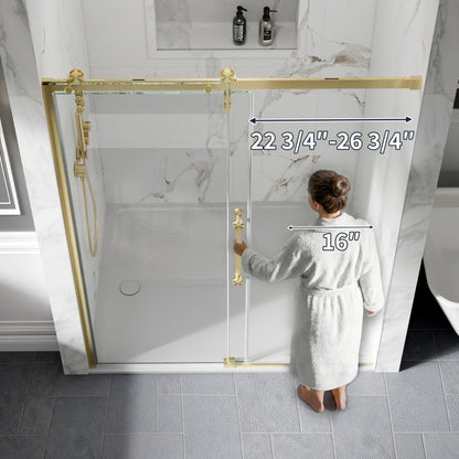 56-60" x 76" Frameless Sliding Shower door,Brushed Gold,Easy clean,Fixed Glass Left|ExBrite Elysian-R Series