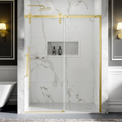 56-60" x 76" Frameless Sliding Shower door,Brushed Gold,Easy clean,Fixed Glass Left|ExBrite Elysian-R Series