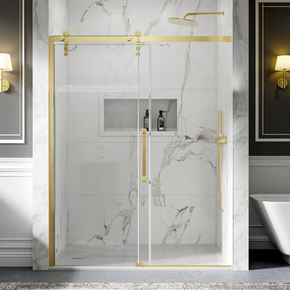 56-60" x 76" Frameless Sliding Shower door,Brushed Gold,Easy clean,Fixed Glass Left|ExBrite Elysian-R Series