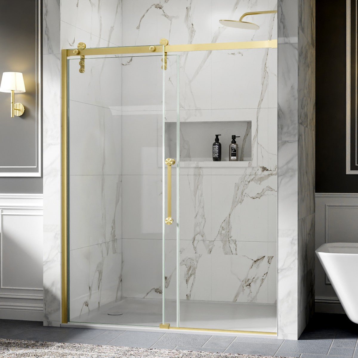 56-60" x 76" Frameless Sliding Shower door,Brushed Gold,Easy clean,Fixed Glass Left|ExBrite Elysian-R Series