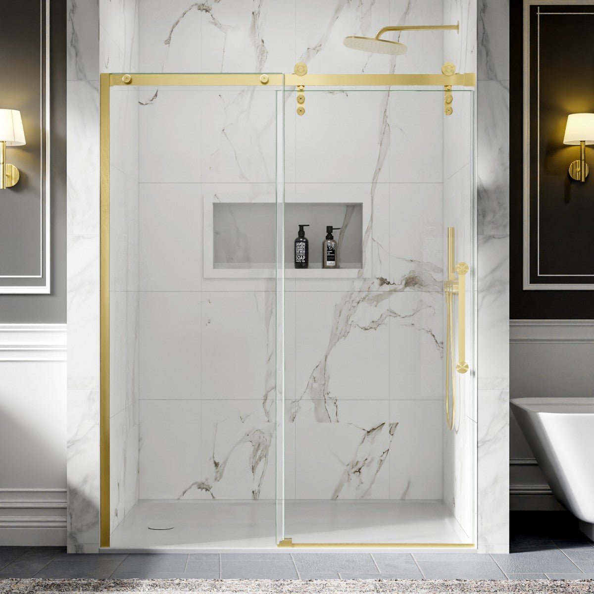 56-60" x 76" Frameless Sliding Shower door,Brushed Gold,Easy clean,Fixed Glass Left|ExBrite Elysian-R Series