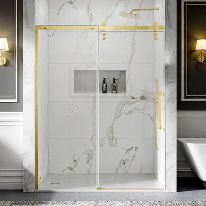 56-60" x 76" Frameless Sliding Shower door,Brushed Gold,Easy clean,Fixed Glass Left|ExBrite Elysian-R Series