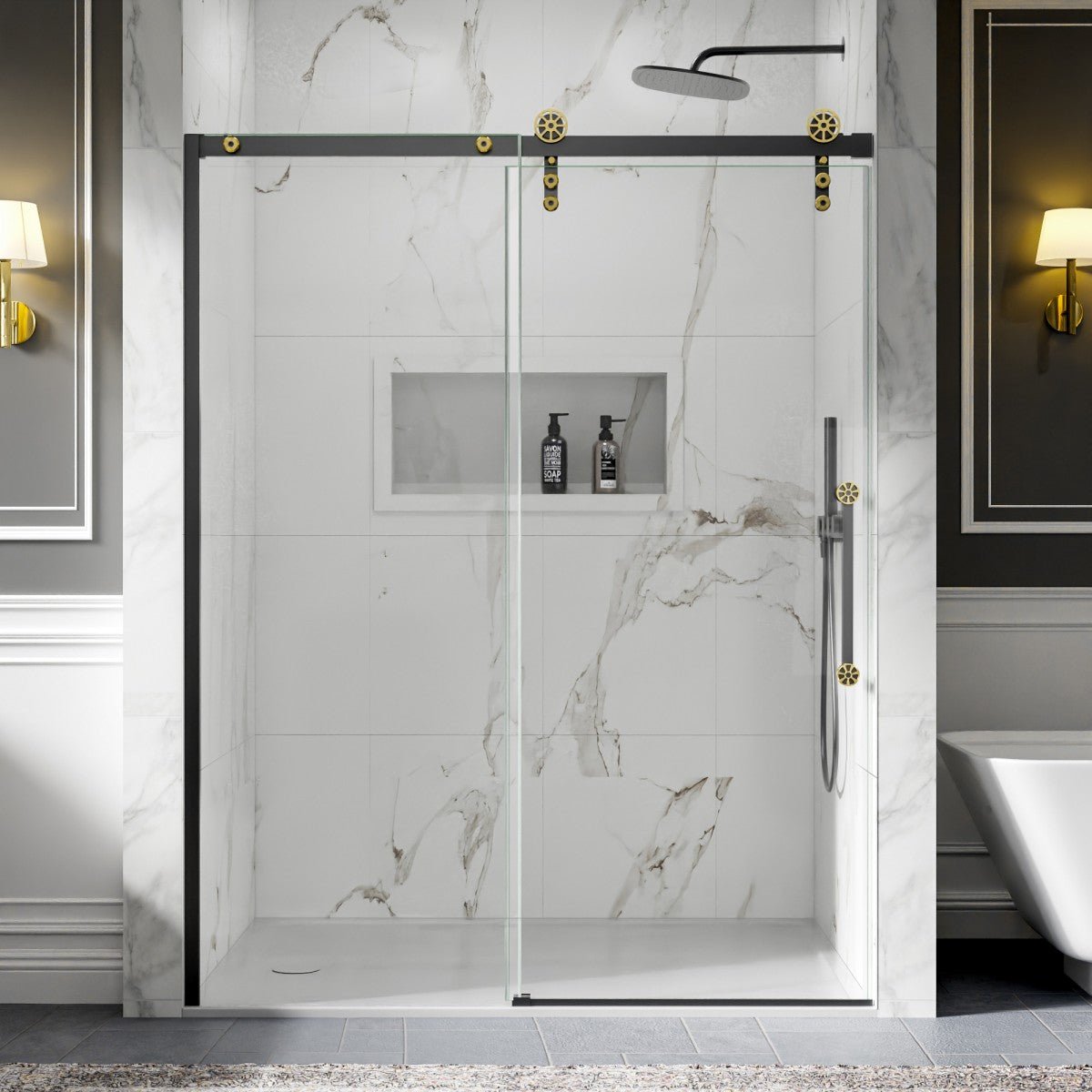 56-60" x 76" Frameless Sliding Shower Doors in Black Gold - Easy Clean Fixed Glass Left | ExBrite Elysian-F Series