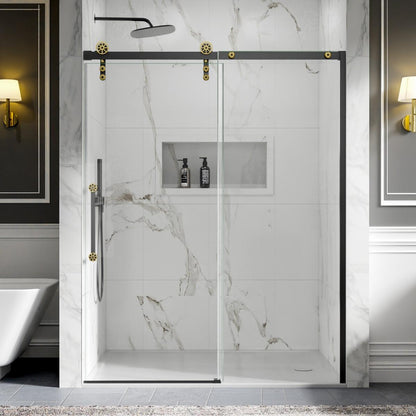 56-60" x 76" Frameless Sliding Shower Doors in Black Gold - Easy Clean Fixed Glass Left | ExBrite Elysian-F Series
