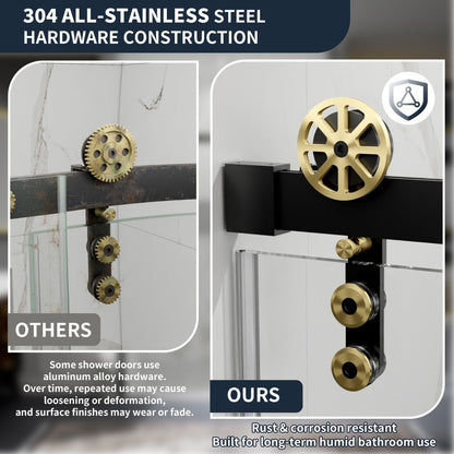 56-60" x 76" Frameless Sliding Shower Doors in Black Gold - Easy Clean Fixed Glass Left | ExBrite Elysian-F Series