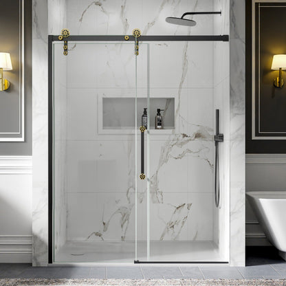 56-60" x 76" Frameless Sliding Shower Doors in Black Gold - Easy Clean Fixed Glass Left | ExBrite Elysian-F Series