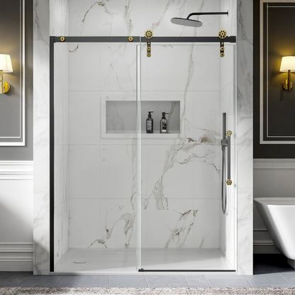 56-60" x 76" Frameless Sliding Shower Doors in Black Gold - Easy Clean Fixed Glass Left | ExBrite Elysian-F Series