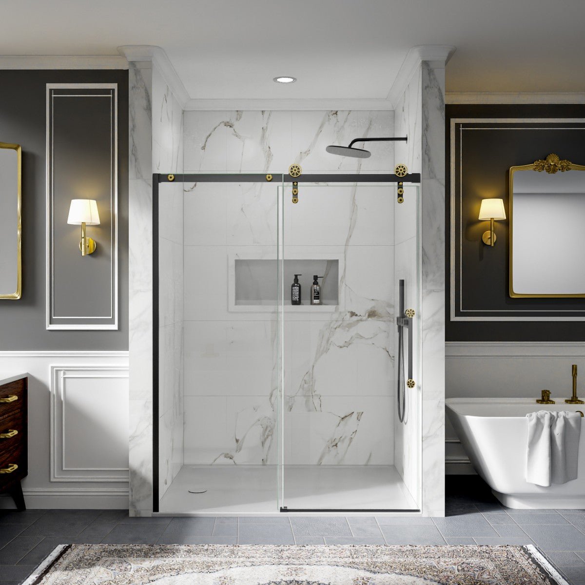 56-60" x 76" Frameless Sliding Shower Doors in Black Gold - Easy Clean Fixed Glass Left | ExBrite Elysian-F Series