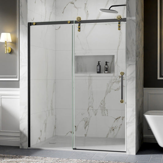 56-60" x 76" Frameless Sliding Shower Doors in Black Gold - Easy Clean Fixed Glass Left | ExBrite Elysian-F Series