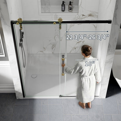 56-60" x 76" Frameless Sliding Shower Doors in Black Gold - Easy Clean Fixed Glass Left | ExBrite Elysian-F Series