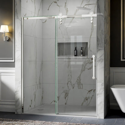 56-60" x 76" Frameless Sliding Shower Glass Sliding Doors, Chrome, Easy Clean, Fixed Glass Left | ExBrite Elysian-F Series
