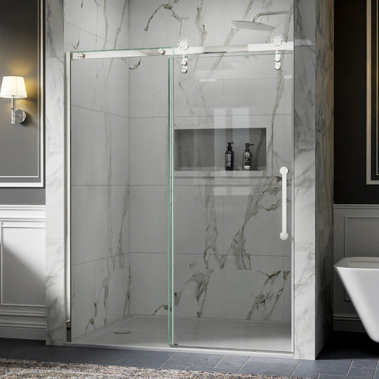 56-60" x 76" Frameless Sliding Shower Glass Sliding Doors, Chrome, Easy Clean, Fixed Glass Left | ExBrite Elysian-F Series