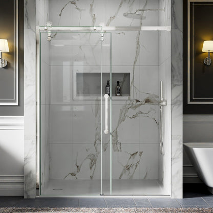 56-60" x 76" Frameless Sliding Shower Glass Sliding Doors, Chrome, Easy Clean, Fixed Glass Left | ExBrite Elysian-F Series