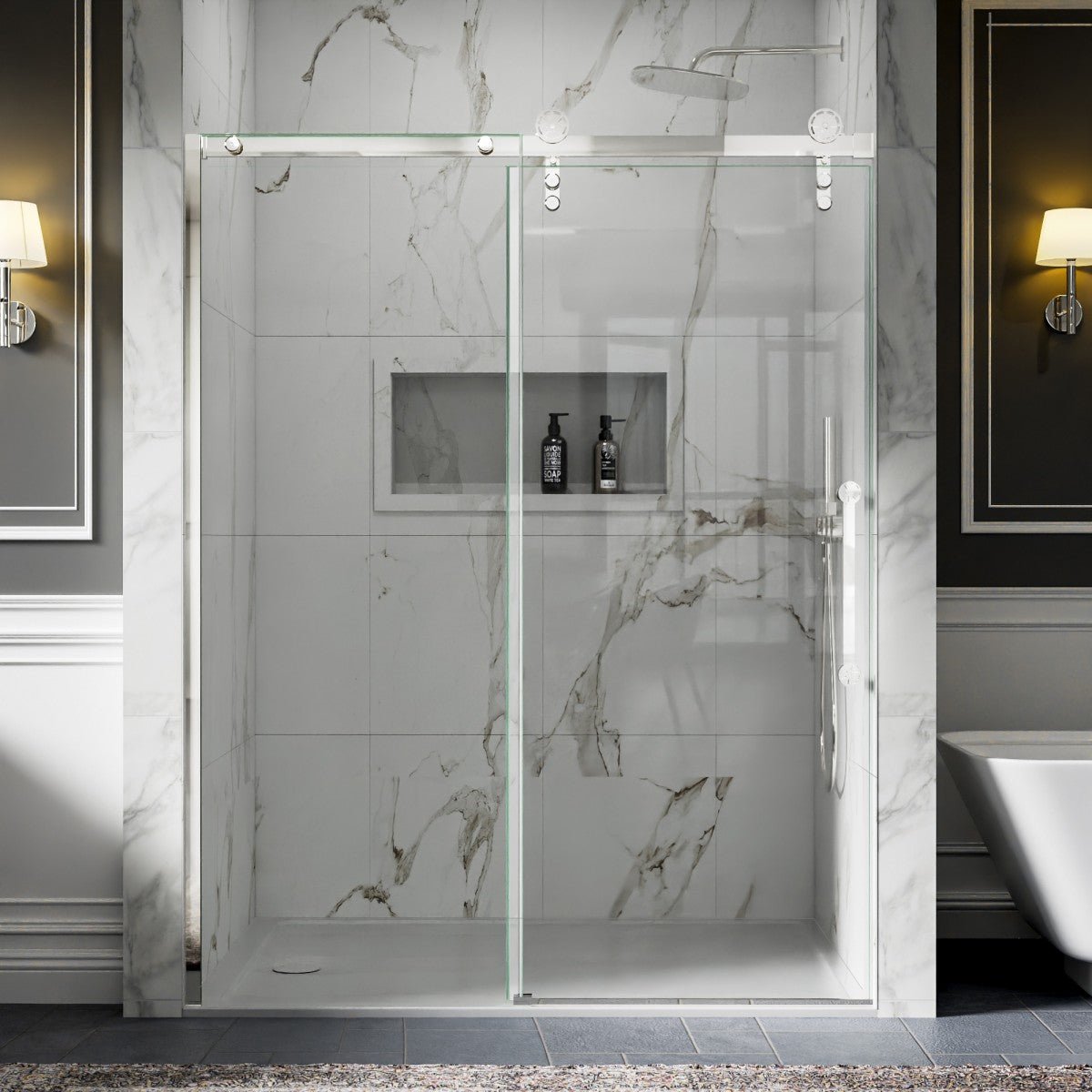 56-60" x 76" Frameless Sliding Shower Glass Sliding Doors, Chrome, Easy Clean, Fixed Glass Left | ExBrite Elysian-F Series