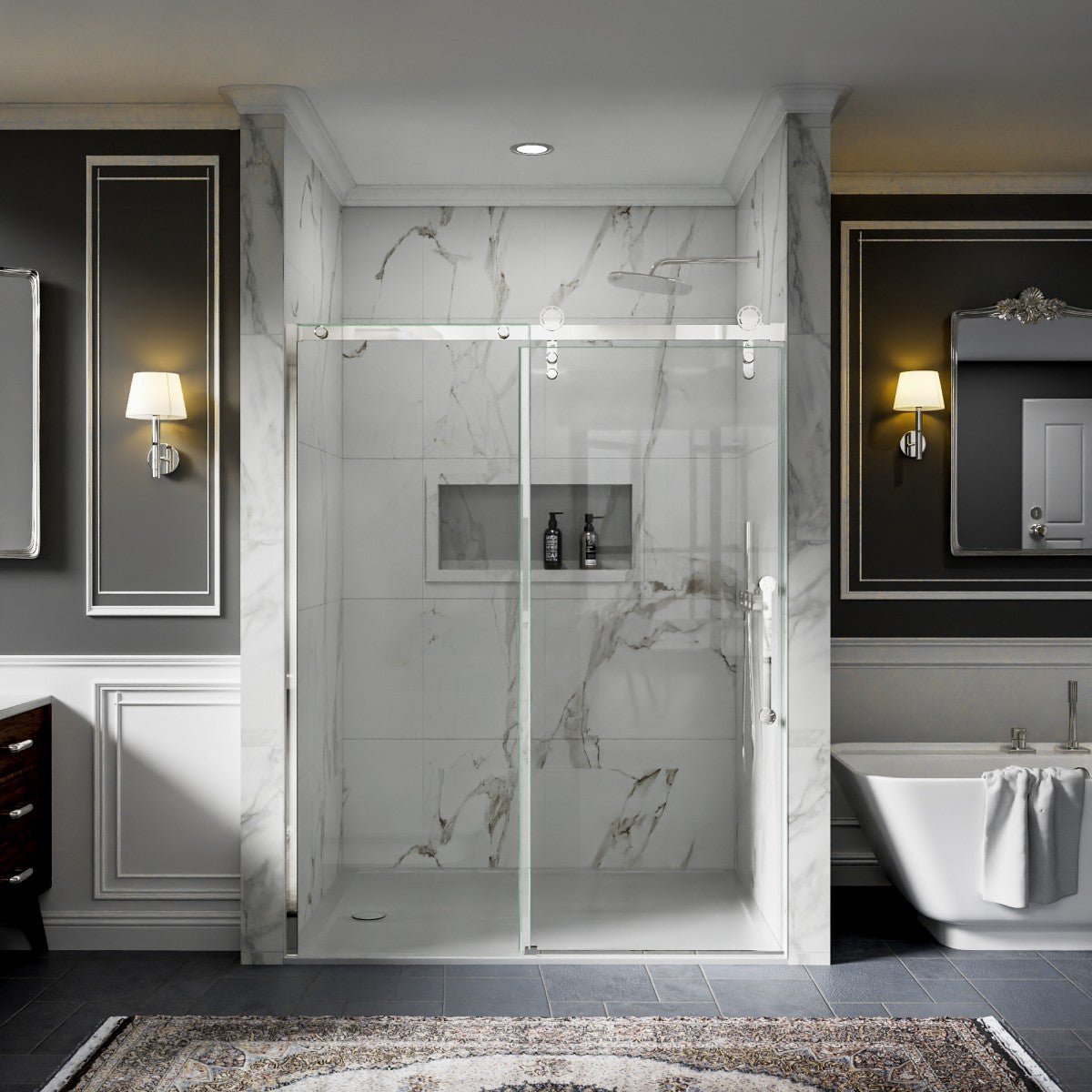 56-60" x 76" Frameless Sliding Shower Glass Sliding Doors, Chrome, Easy Clean, Fixed Glass Left | ExBrite Elysian-F Series