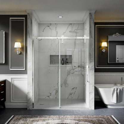 56-60" x 76" Frameless Sliding Shower Glass Sliding Doors, Chrome, Easy Clean, Fixed Glass Left | ExBrite Elysian-F Series