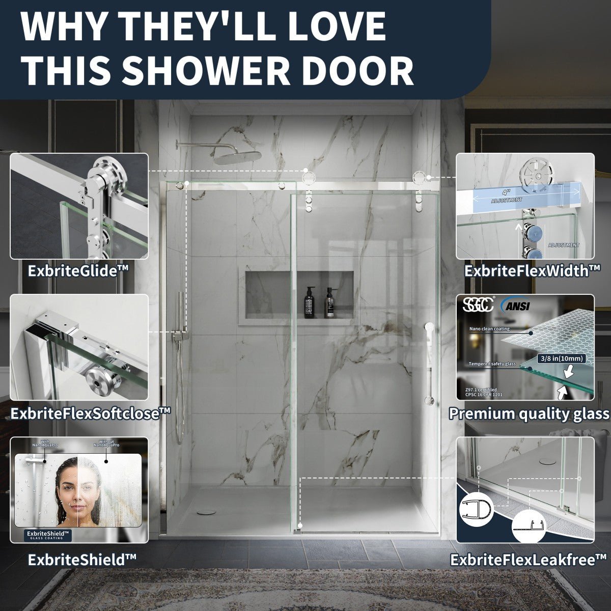 56-60" x 76" Frameless Sliding Shower Glass Sliding Doors, Chrome, Easy Clean, Fixed Glass Left | ExBrite Elysian-F Series