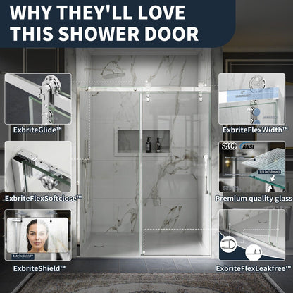 56-60" x 76" Frameless Sliding Shower Glass Sliding Doors, Chrome, Easy Clean, Fixed Glass Left | ExBrite Elysian-F Series