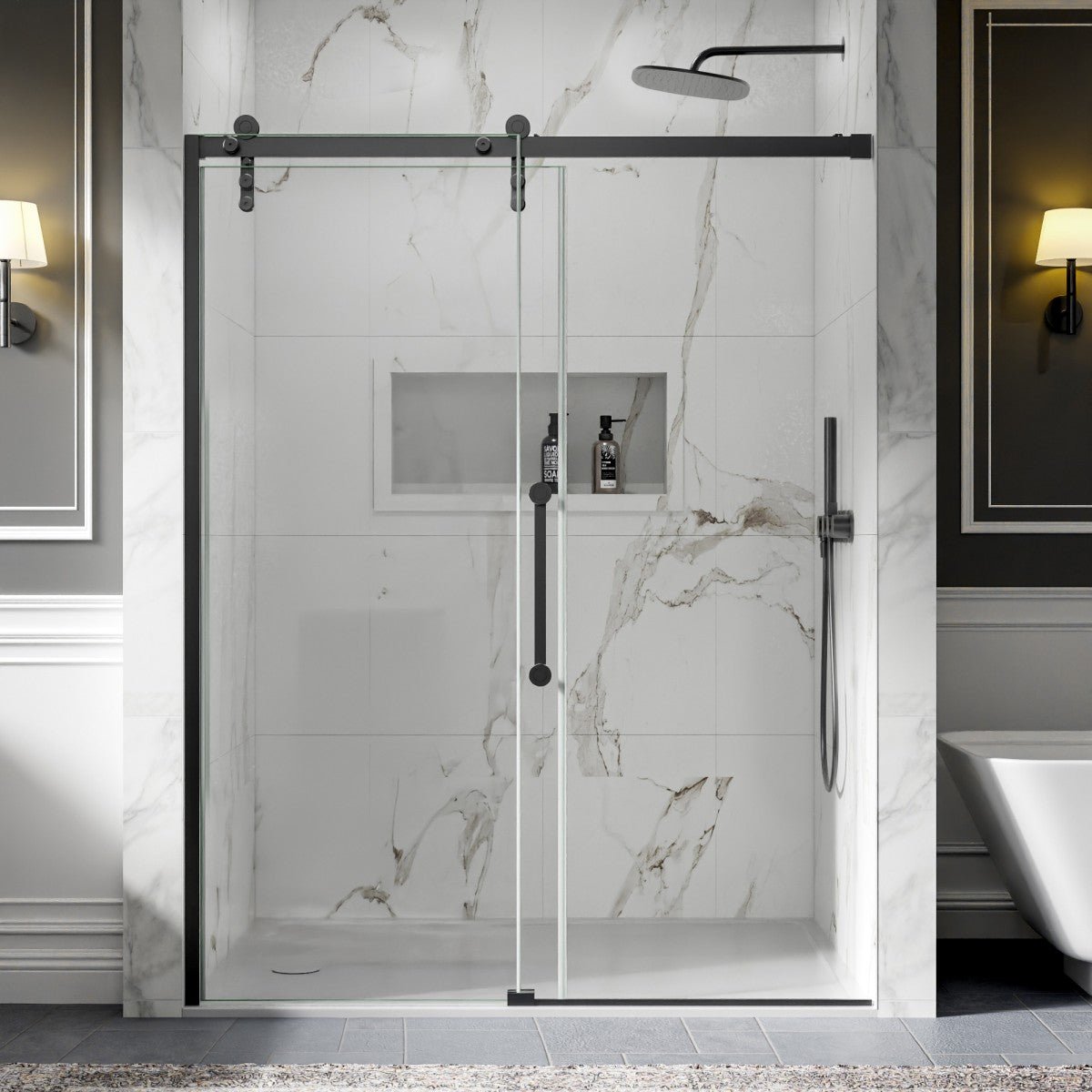 56-60" x 76" Shower Doors Sliding Frameless, Matte Black | ExBrite Elysian-R Series