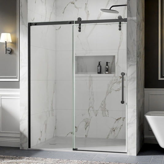 56-60" x 76" Shower Doors Sliding Frameless, Matte Black | ExBrite Elysian-R Series