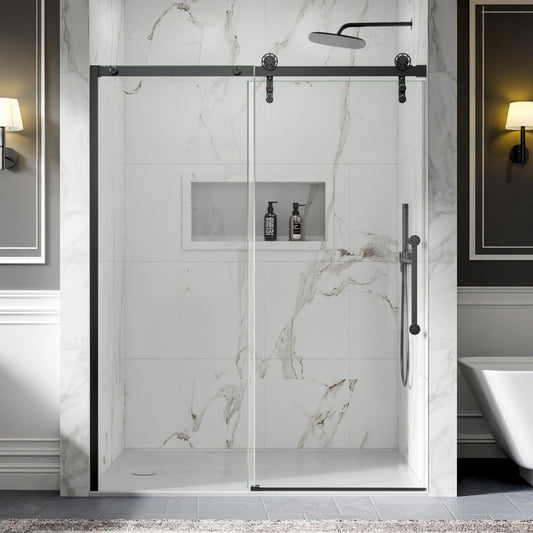 56-60" x 76" Sliding Glass Shower Doors Frameless, Matte Black, Easy Clean Fixed Glass Left | ExBrite Elysian-F Series